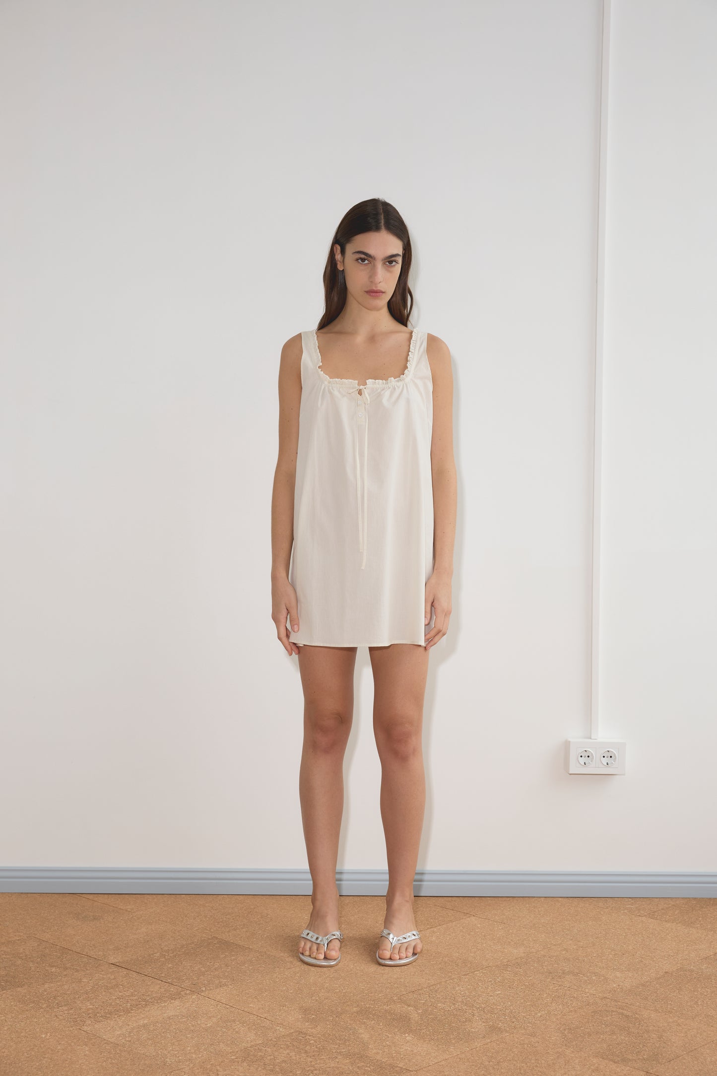 Button Frill Mini Dress in Stone Stripe