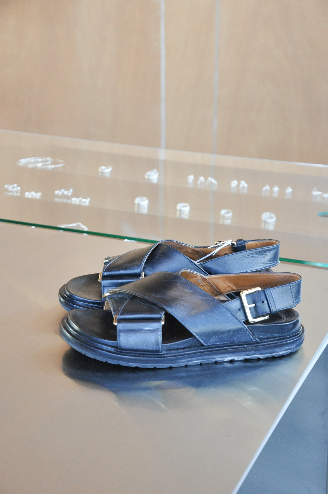 MARNI Fussbett Leather Sandals - Black/Silver
