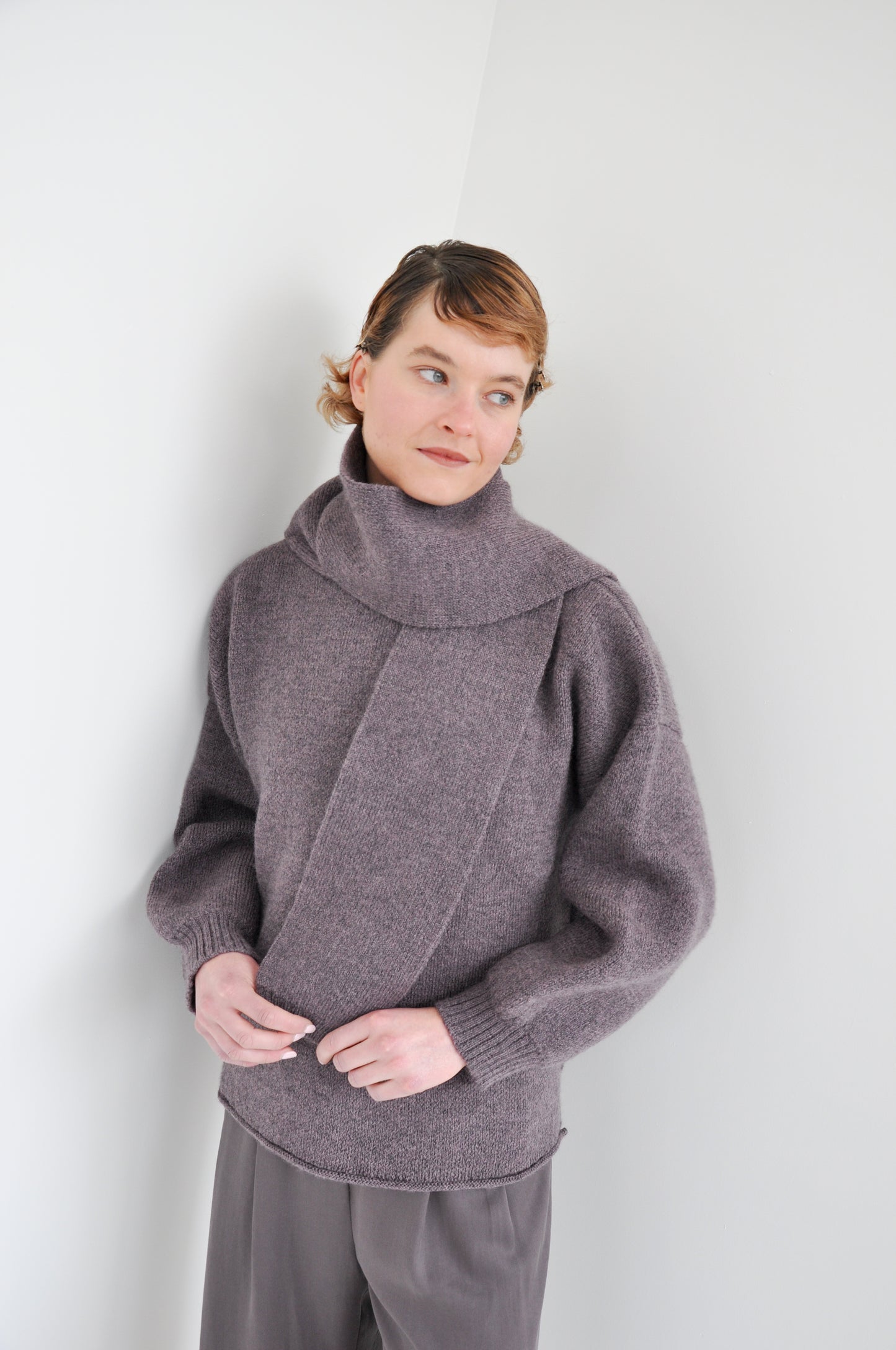 British Merino Wool Wrap Neck Pullover in Luna