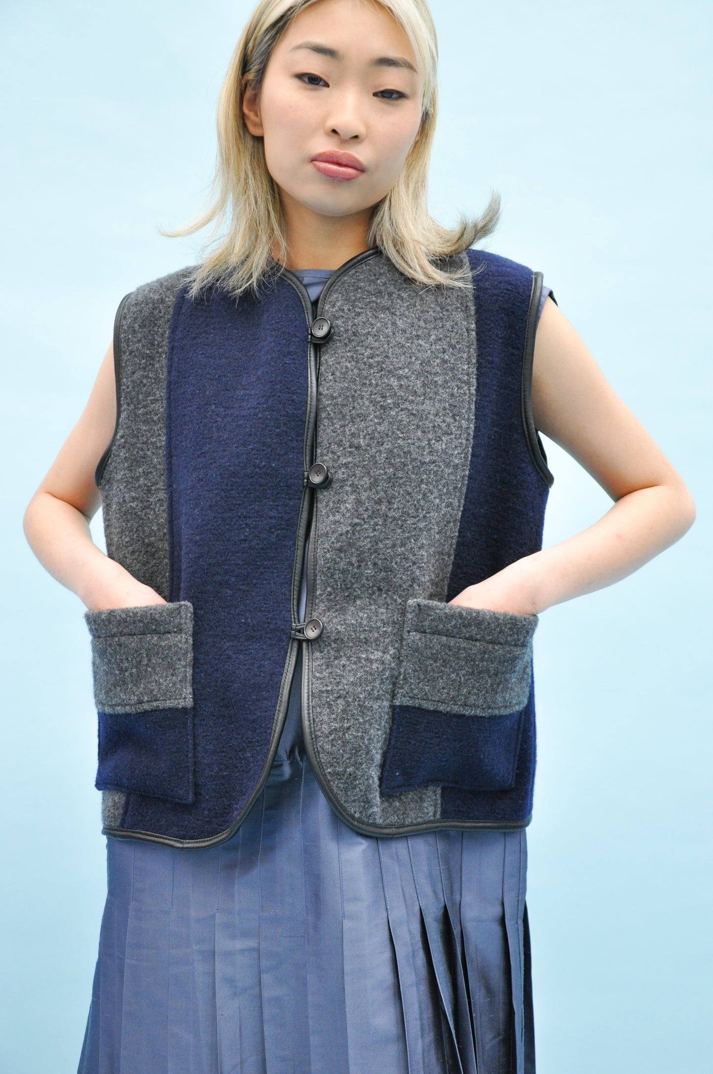 Ella Portuguese Boiled Wool Stripe Vest in Navy & Grey