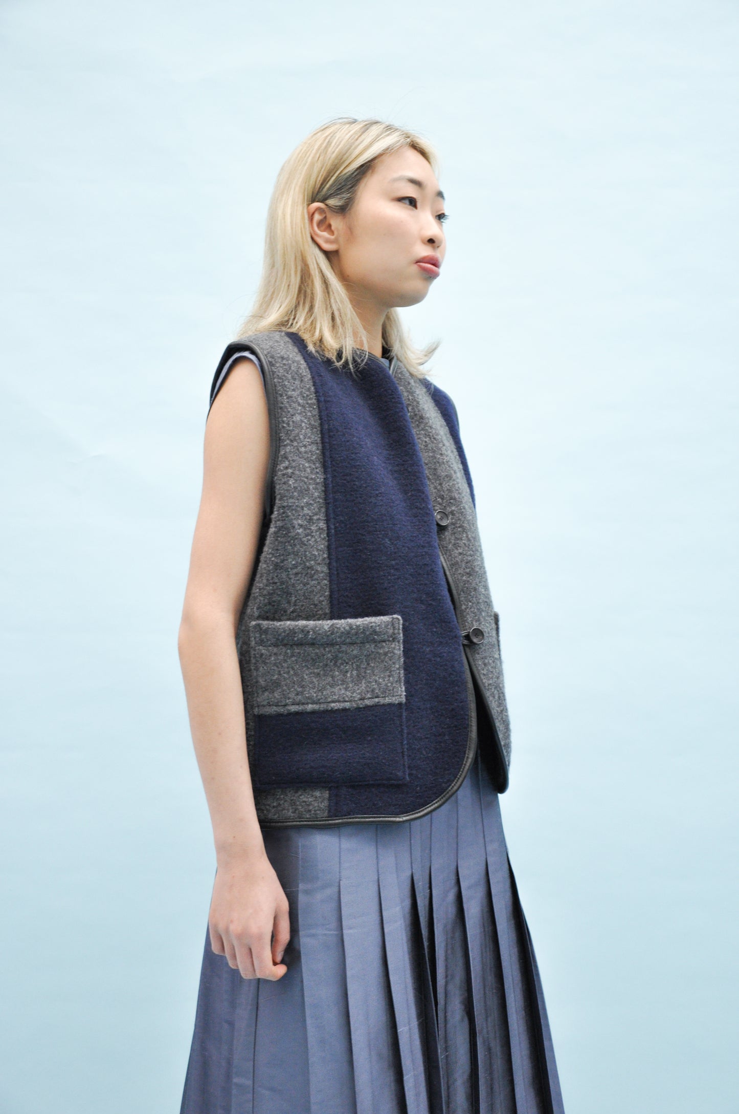 Ella Portuguese Boiled Wool Stripe Vest in Navy & Grey