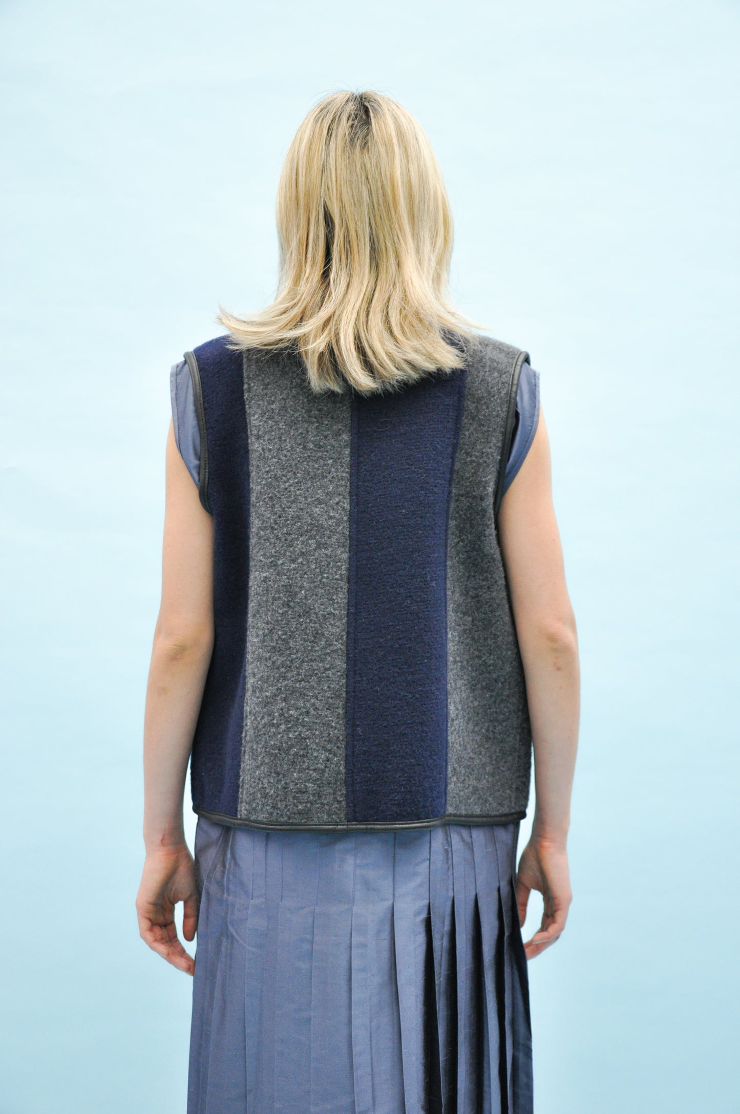 Ella Portuguese Boiled Wool Stripe Vest in Navy & Grey