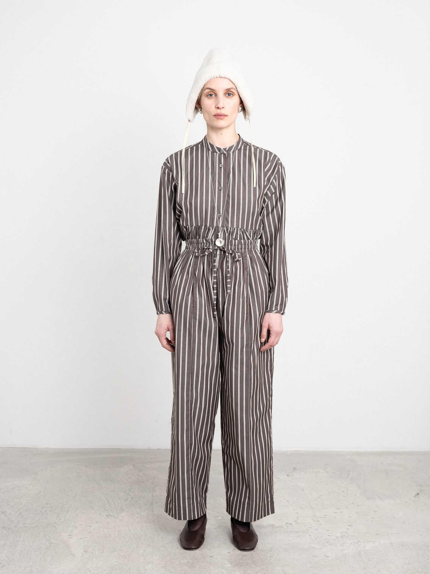 Japanese Cotton Shirting Luna Trouser in Bark/Natural Stripe