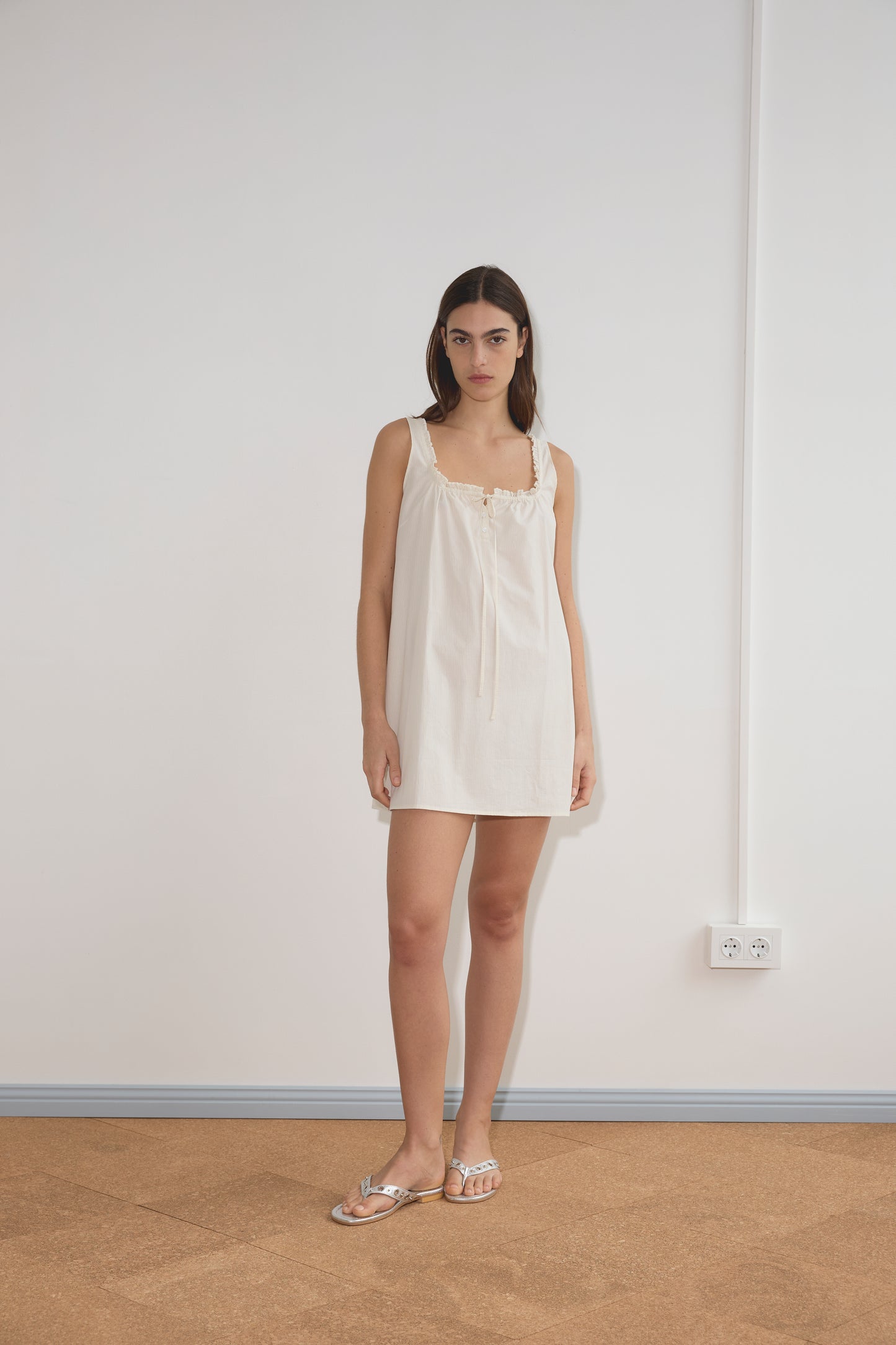 Button Frill Mini Dress in Stone Stripe