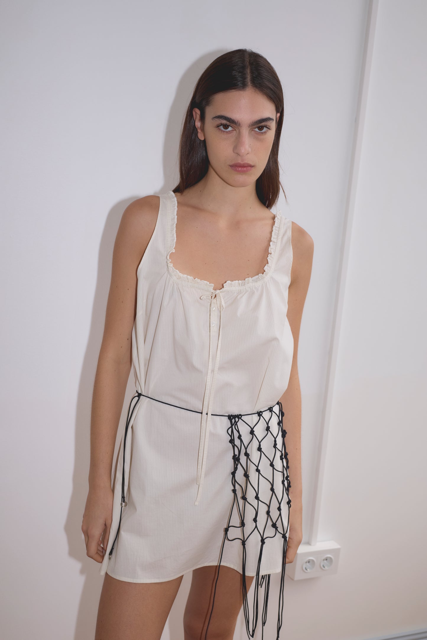 Button Frill Mini Dress in Stone Stripe