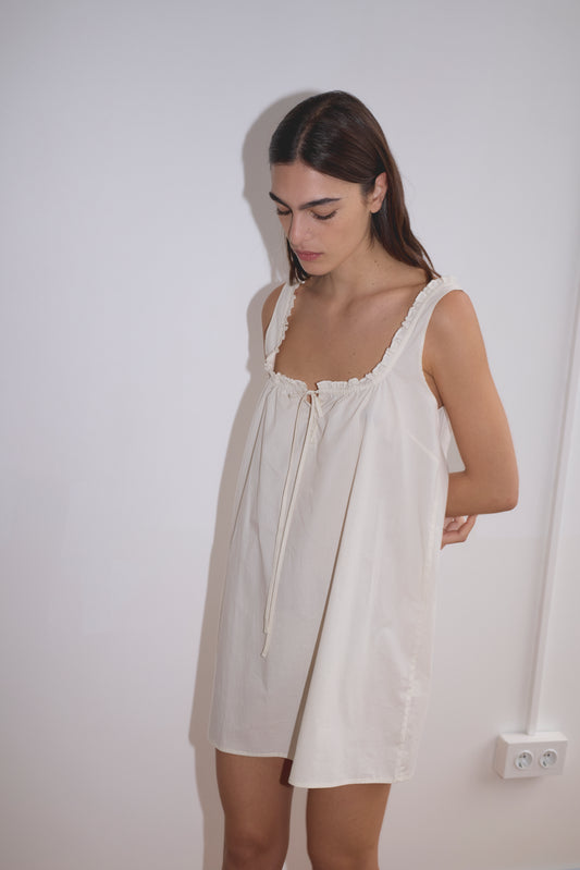 Button Frill Mini Dress in Stone Stripe