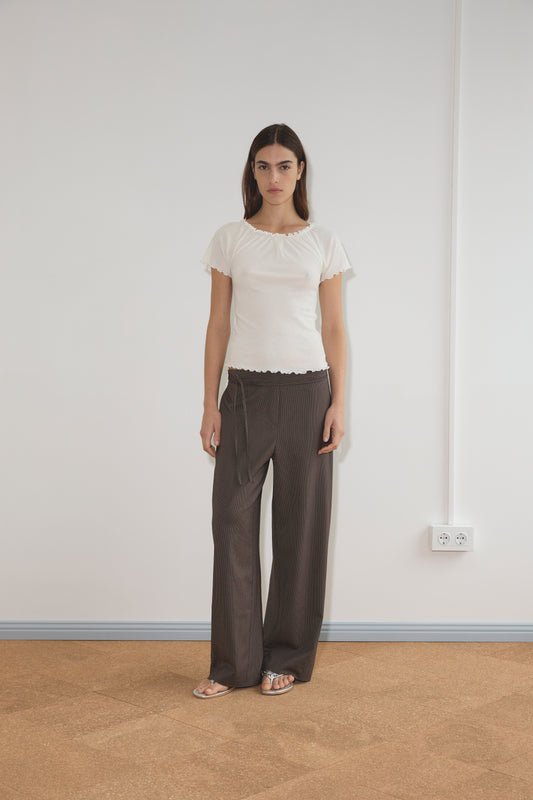Double Belted Pant in Brown Stripe