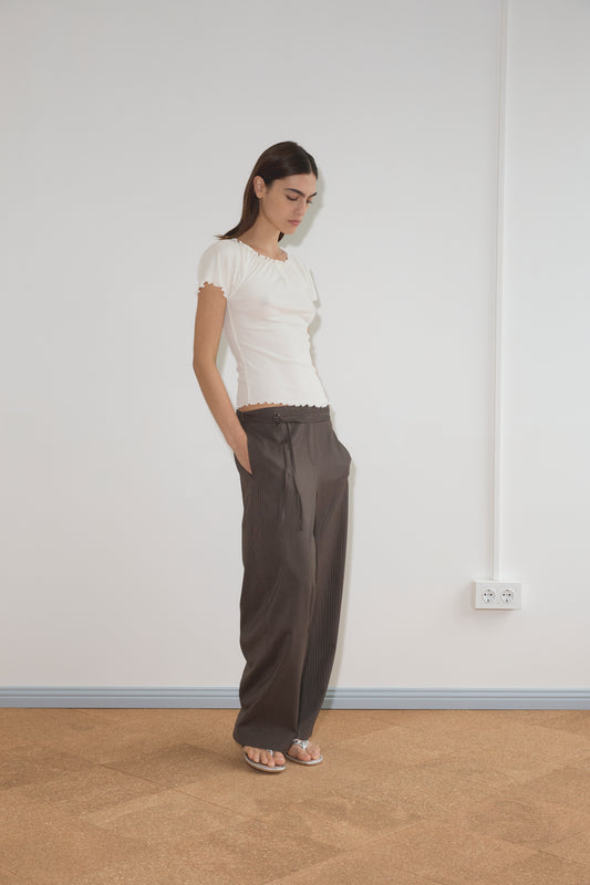 Double Belted Pant in Brown Stripe