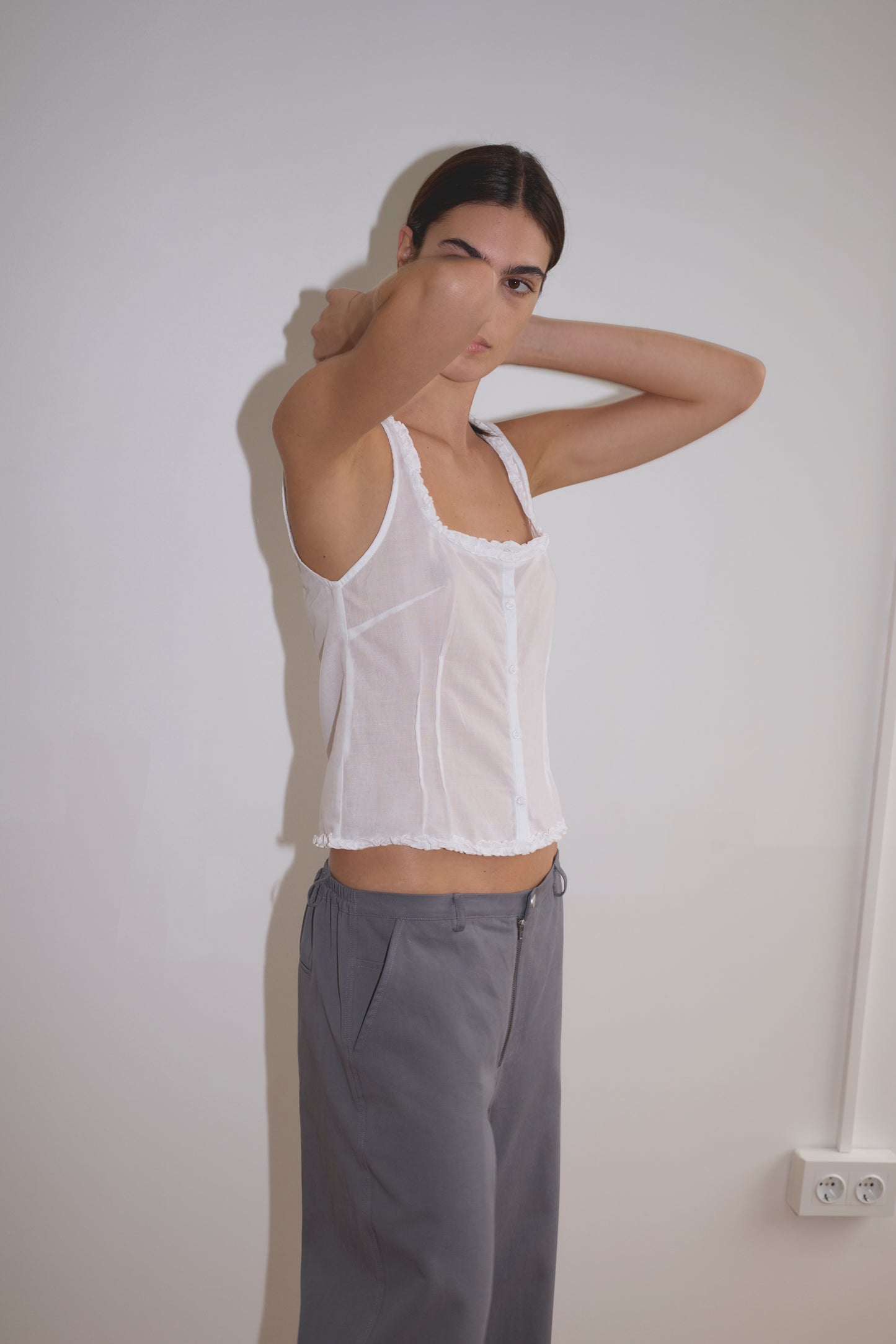 Button Frill Top in White