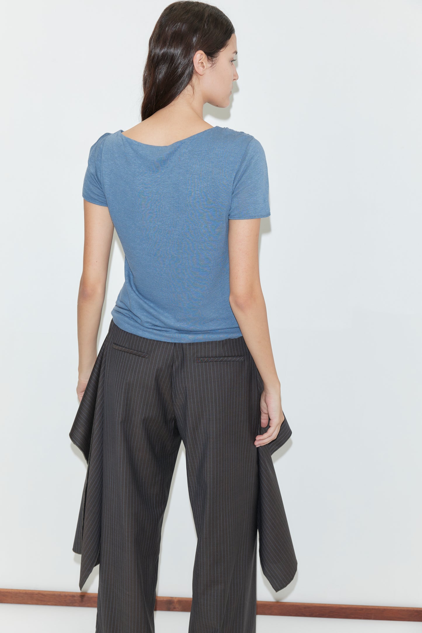 Pure Wool Zip Pant in Charcoal Stripe
