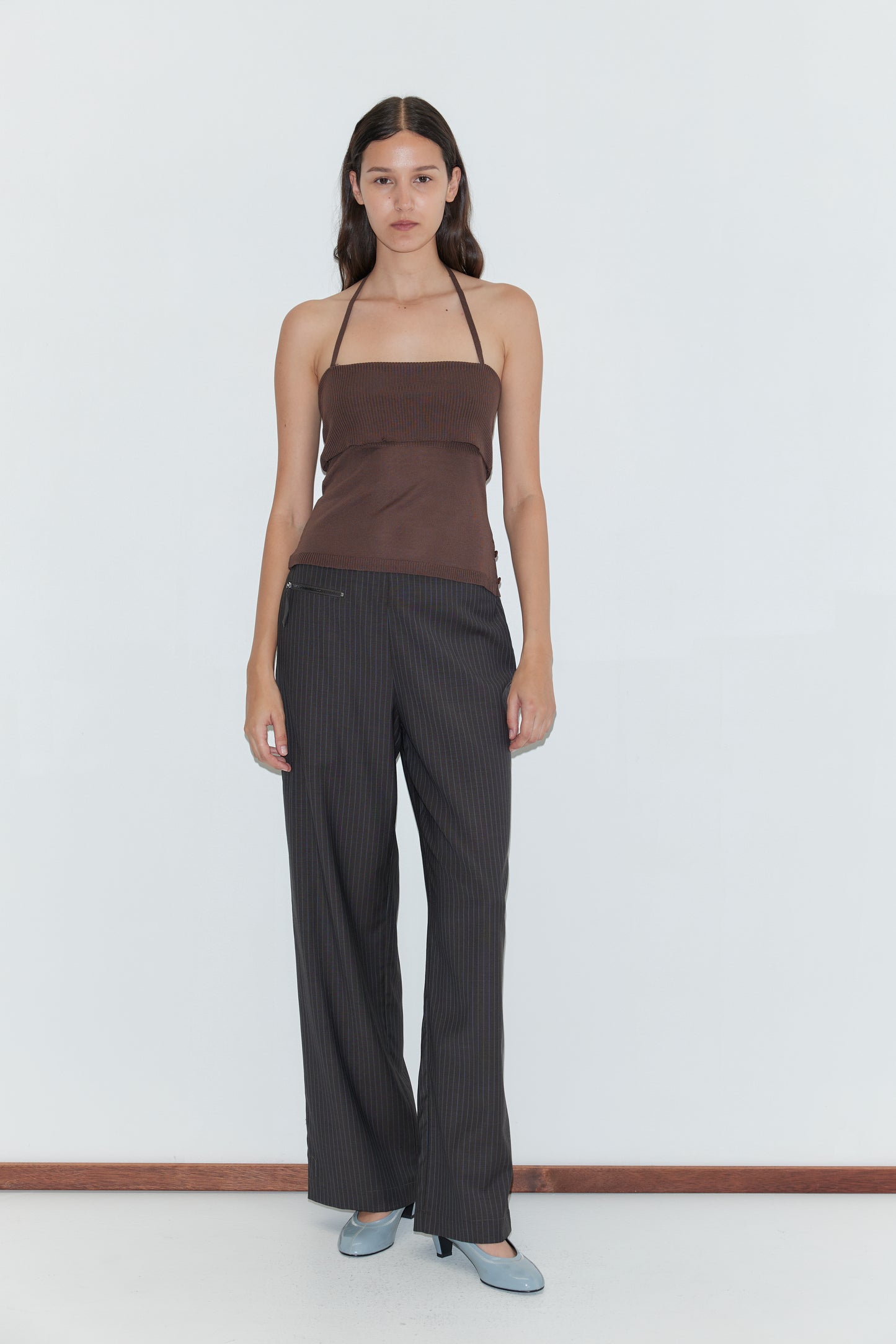 Pure Wool Zip Pant in Charcoal Stripe