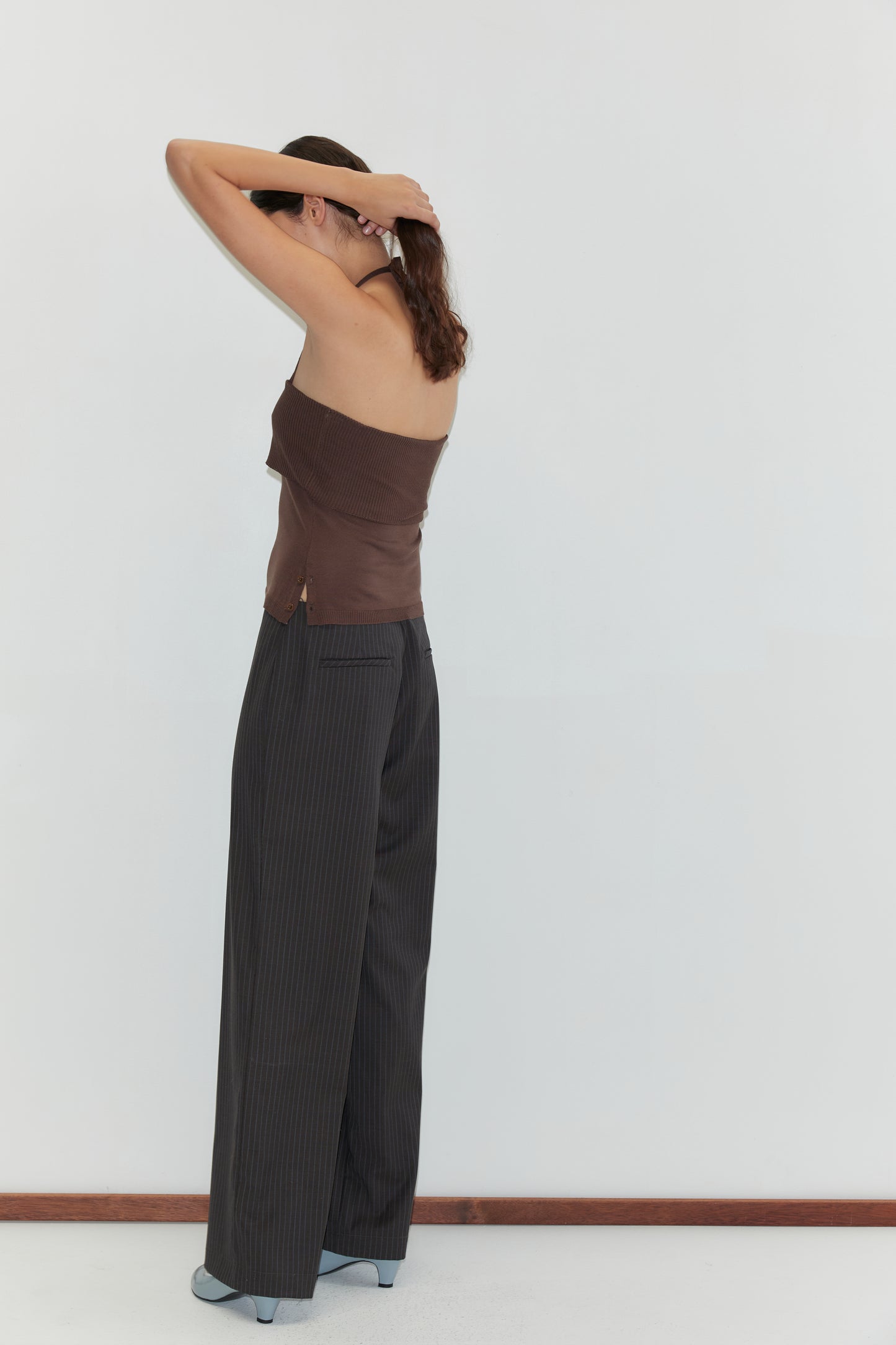 Pure Wool Zip Pant in Charcoal Stripe
