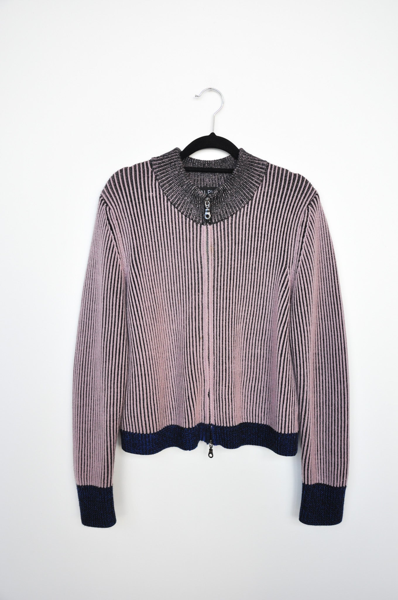 Alpha60 Merino Zip Cardigan - Pink/Black Stripe