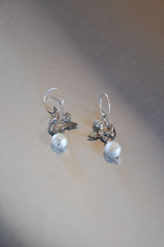 Sacreflux cherub pearl hoops in sterling silver