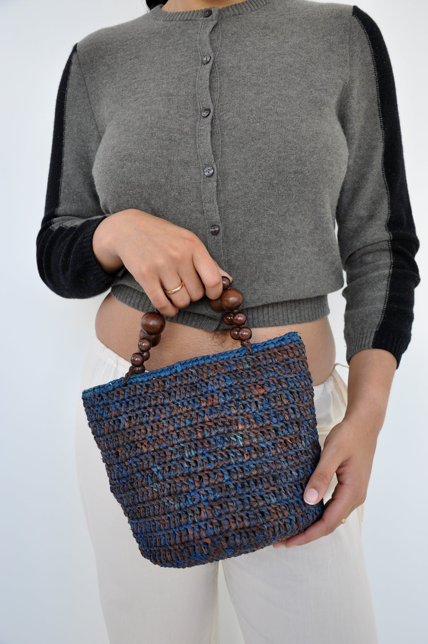 Bucket With Beaded Handles in Mid Brown & Aqua