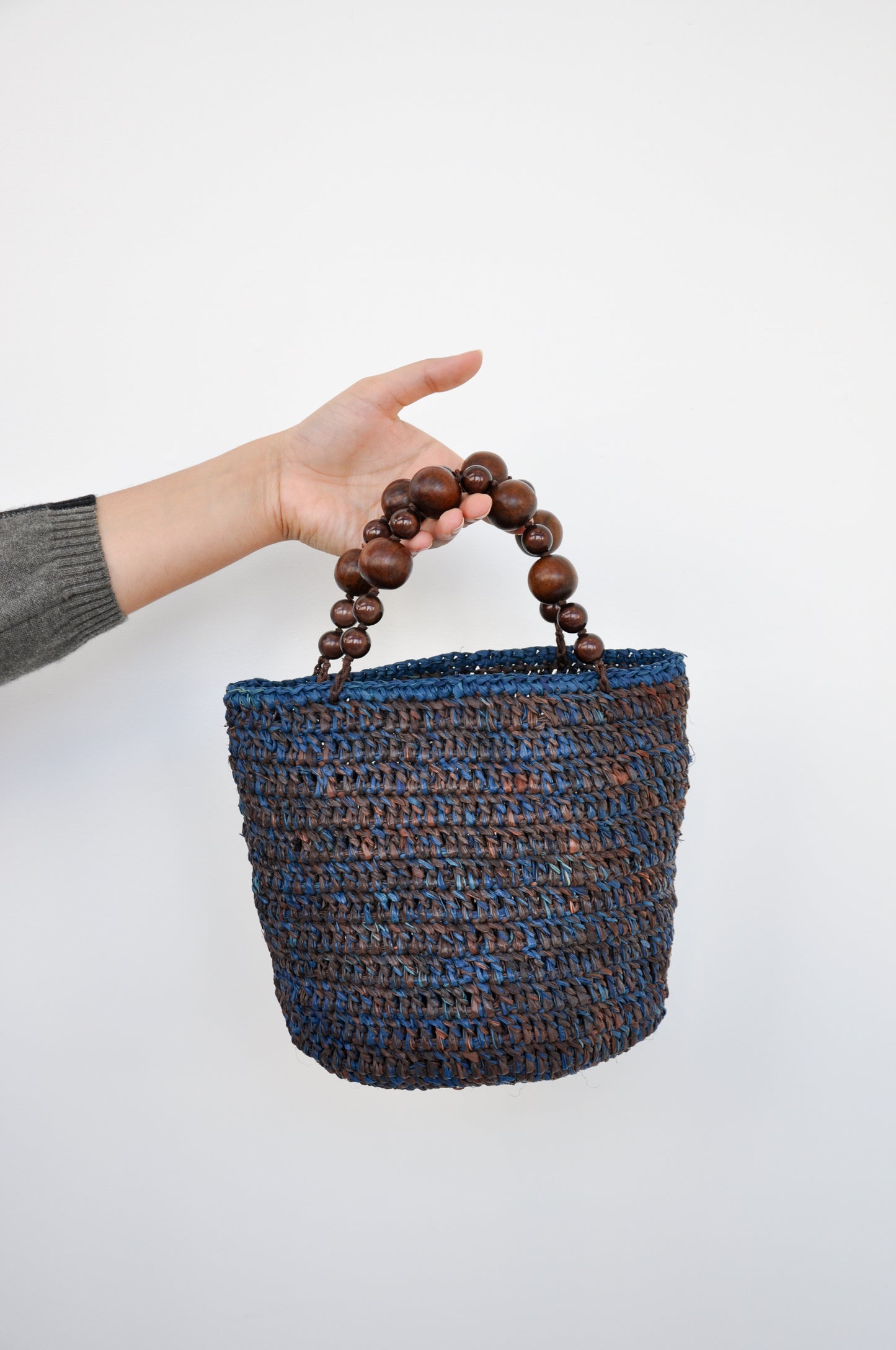 Bucket With Beaded Handles in Mid Brown & Aqua