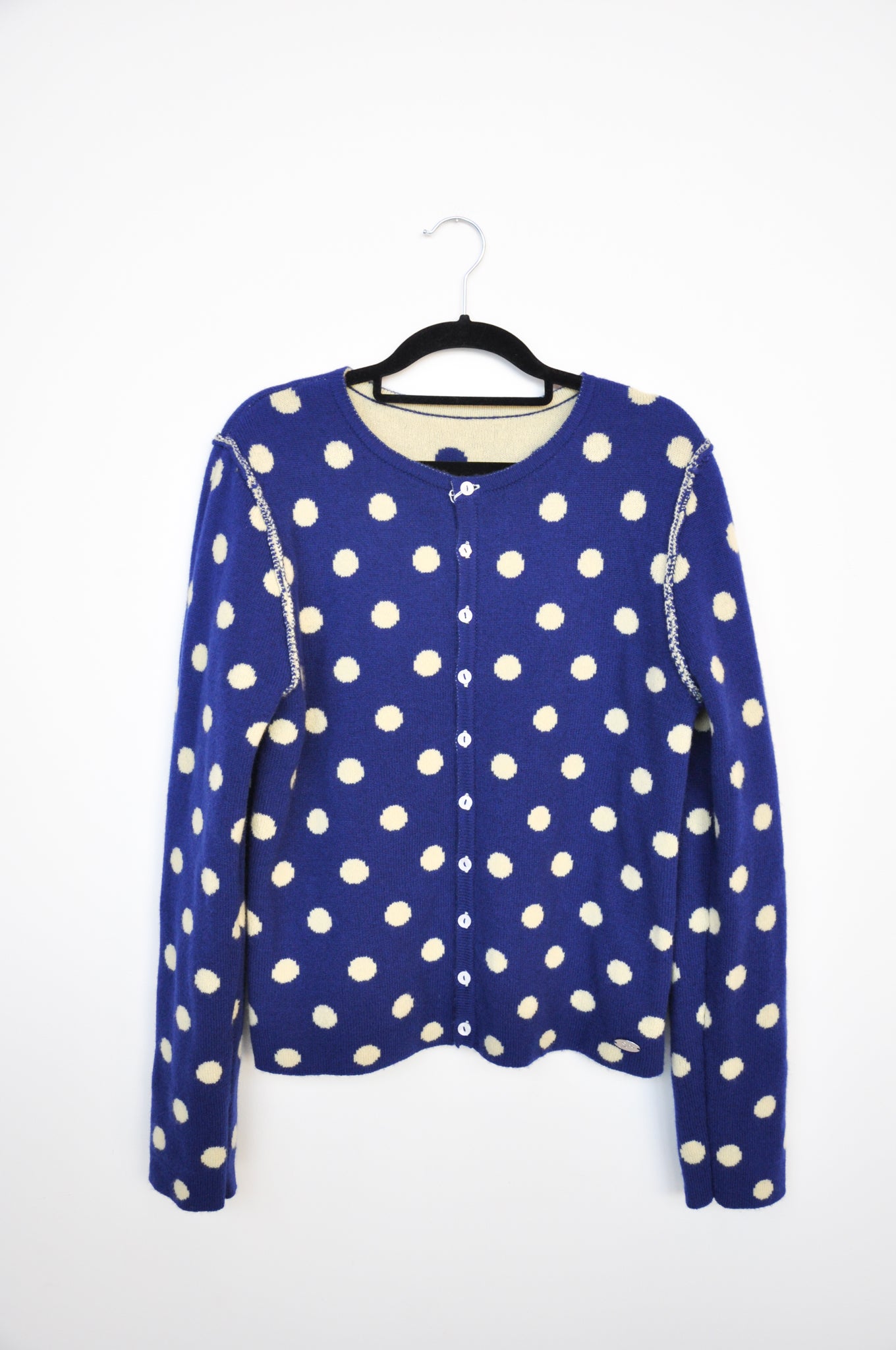 Damson Madder Tabitha Reversible Cardigan - Blue/Yellow Polka Dot