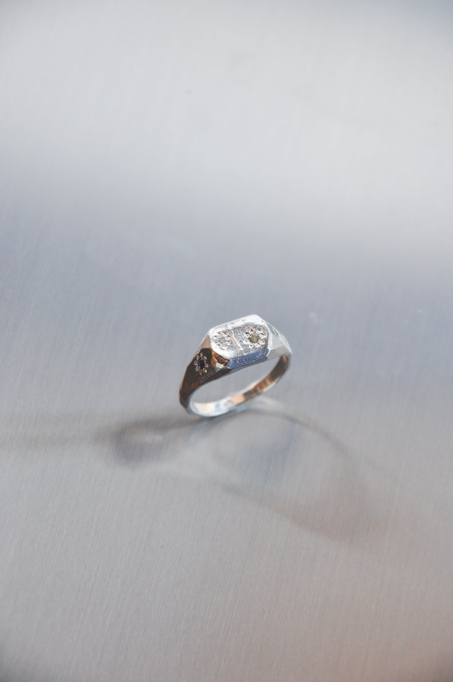 Faceted Signet Ring in Silver, Sapphires & Diamond