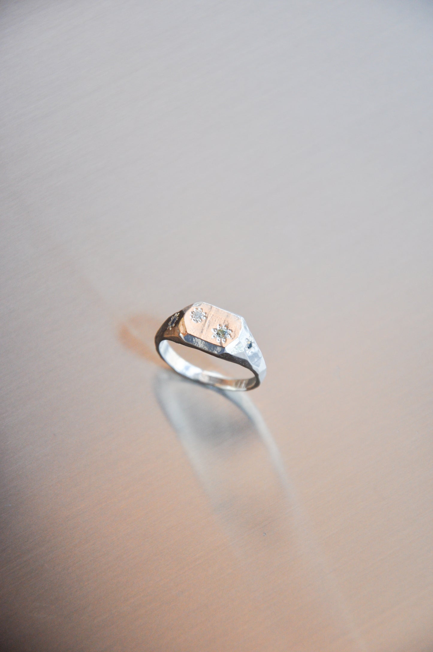 Faceted Signet Ring in Silver, Sapphires & Diamond