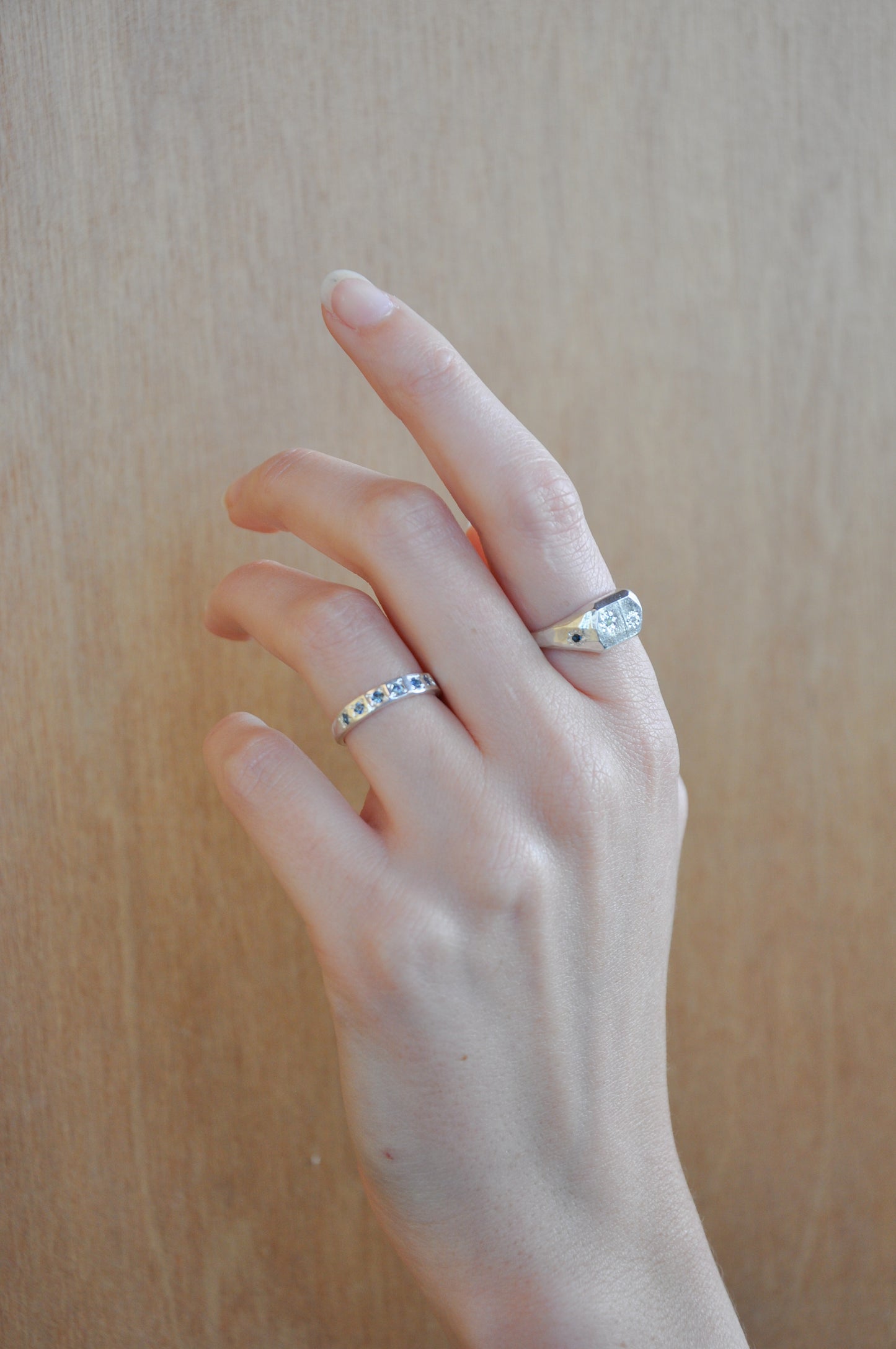 Faceted Signet Ring in Silver, Sapphires & Diamond