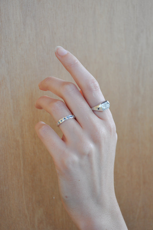 Faceted Signet Ring in Silver, Sapphires & Diamond