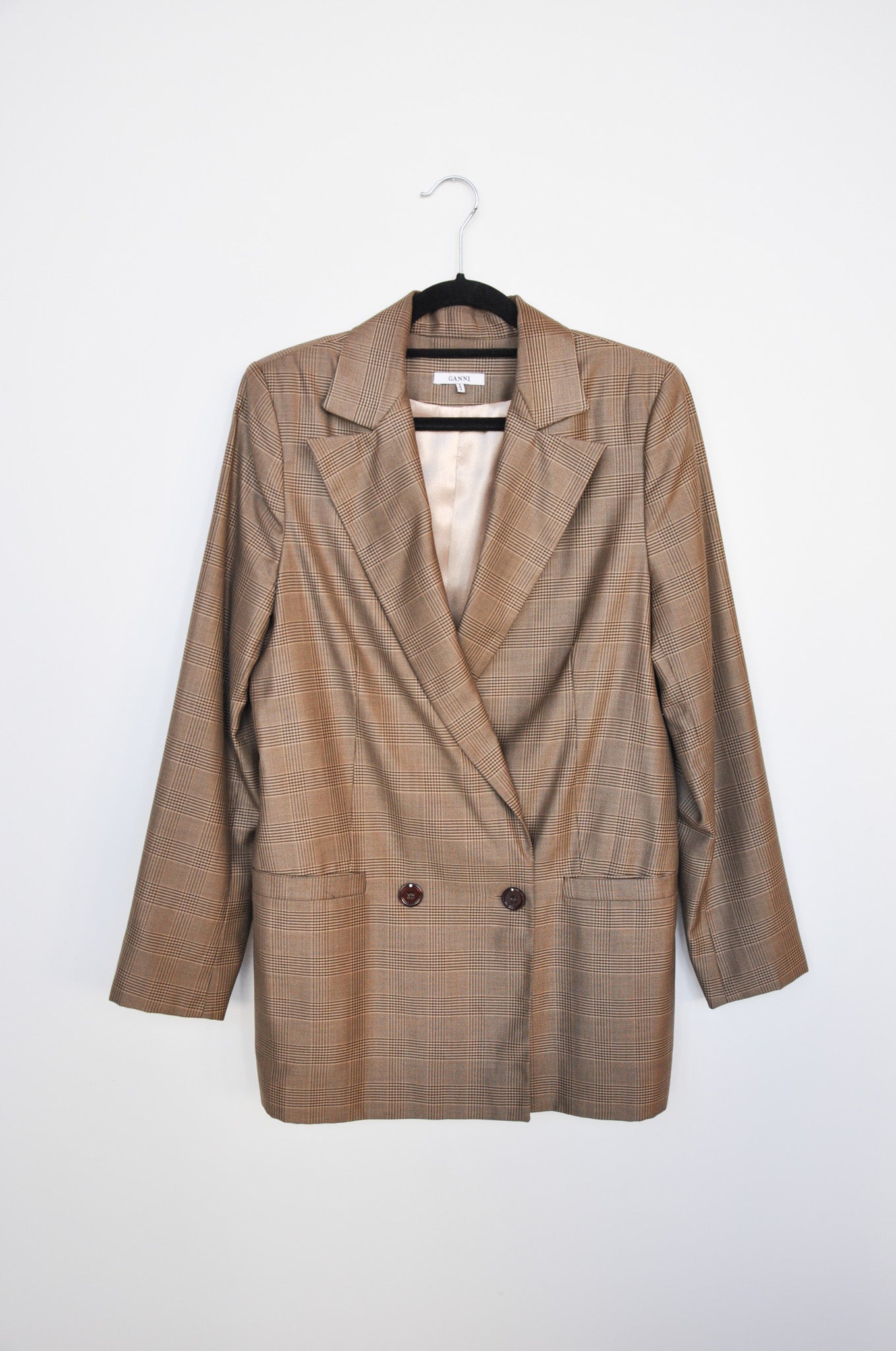 Ganni Double Breasted Blazer - Brown Tartan