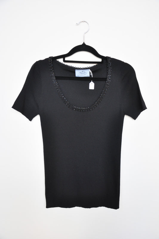 Prada Beaded Knit T-Shirt - Black