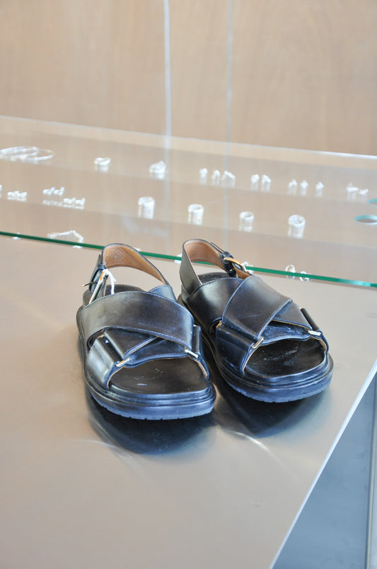 MARNI Fussbett Leather Sandals - Black/Silver