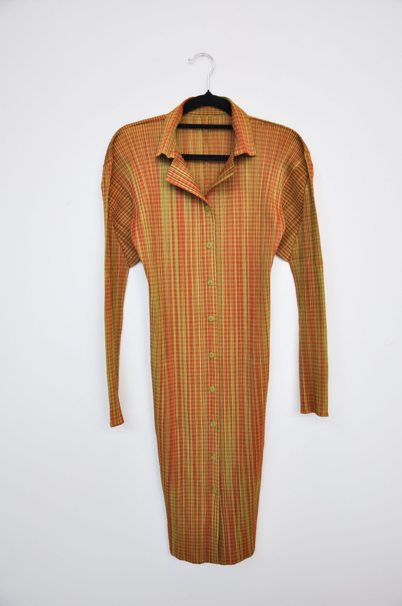 Issey Miyake Pleats Please Shirt Dress  - Green/Orange Gingham