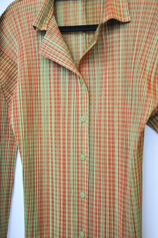 Issey Miyake Pleats Please Shirt Dress  - Green/Orange Gingham
