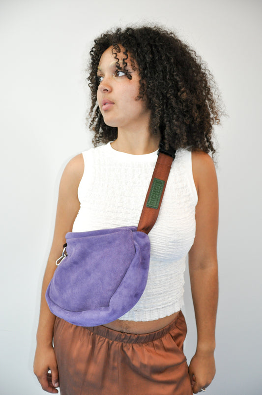 Suede Crossbody Slouch Bag in Purple