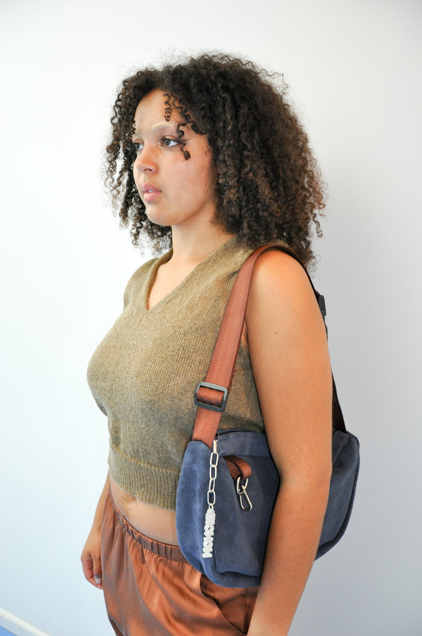 Suede Crossbody Slouch Bag in Navy