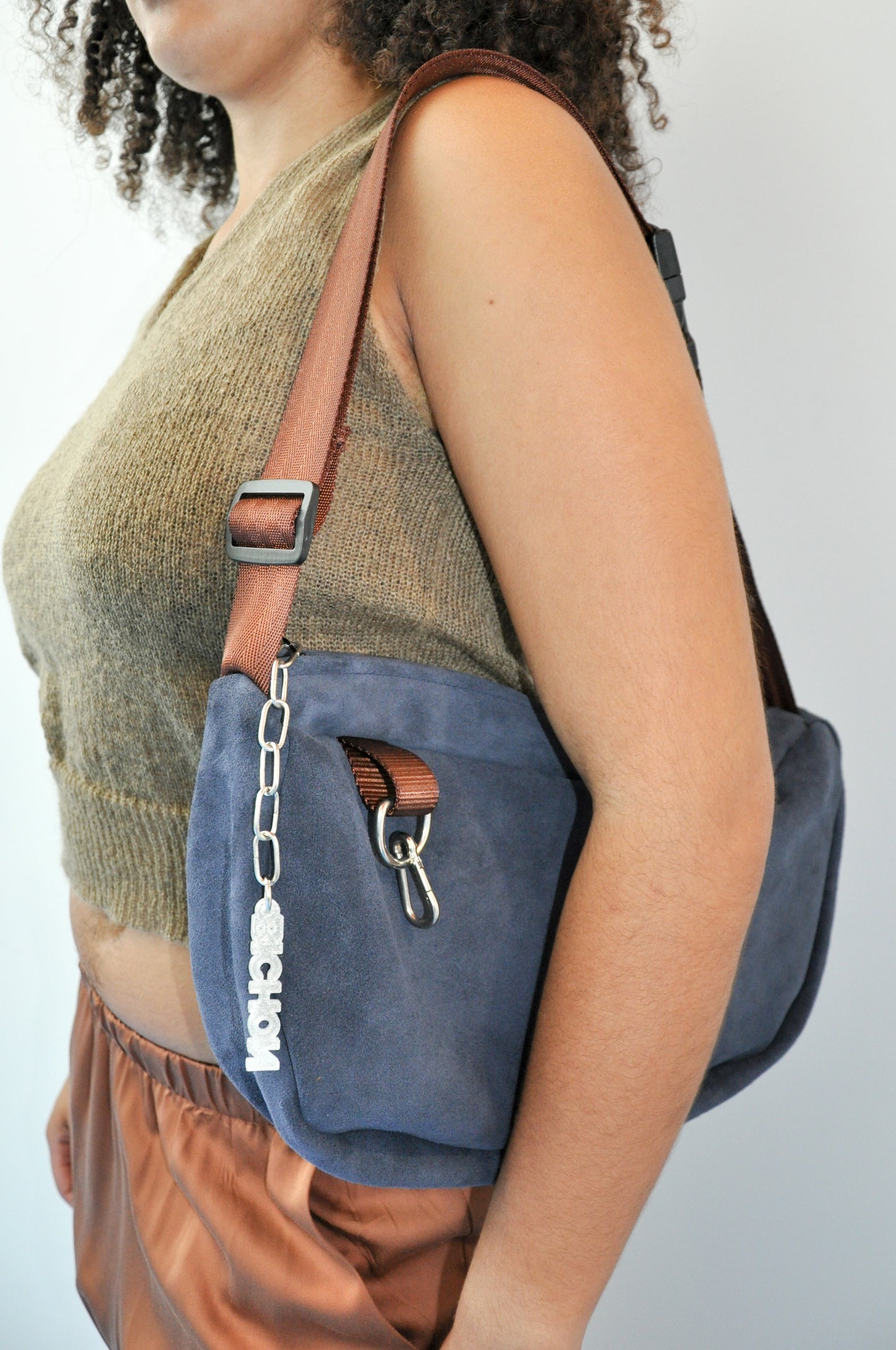 Suede Crossbody Slouch Bag in Navy