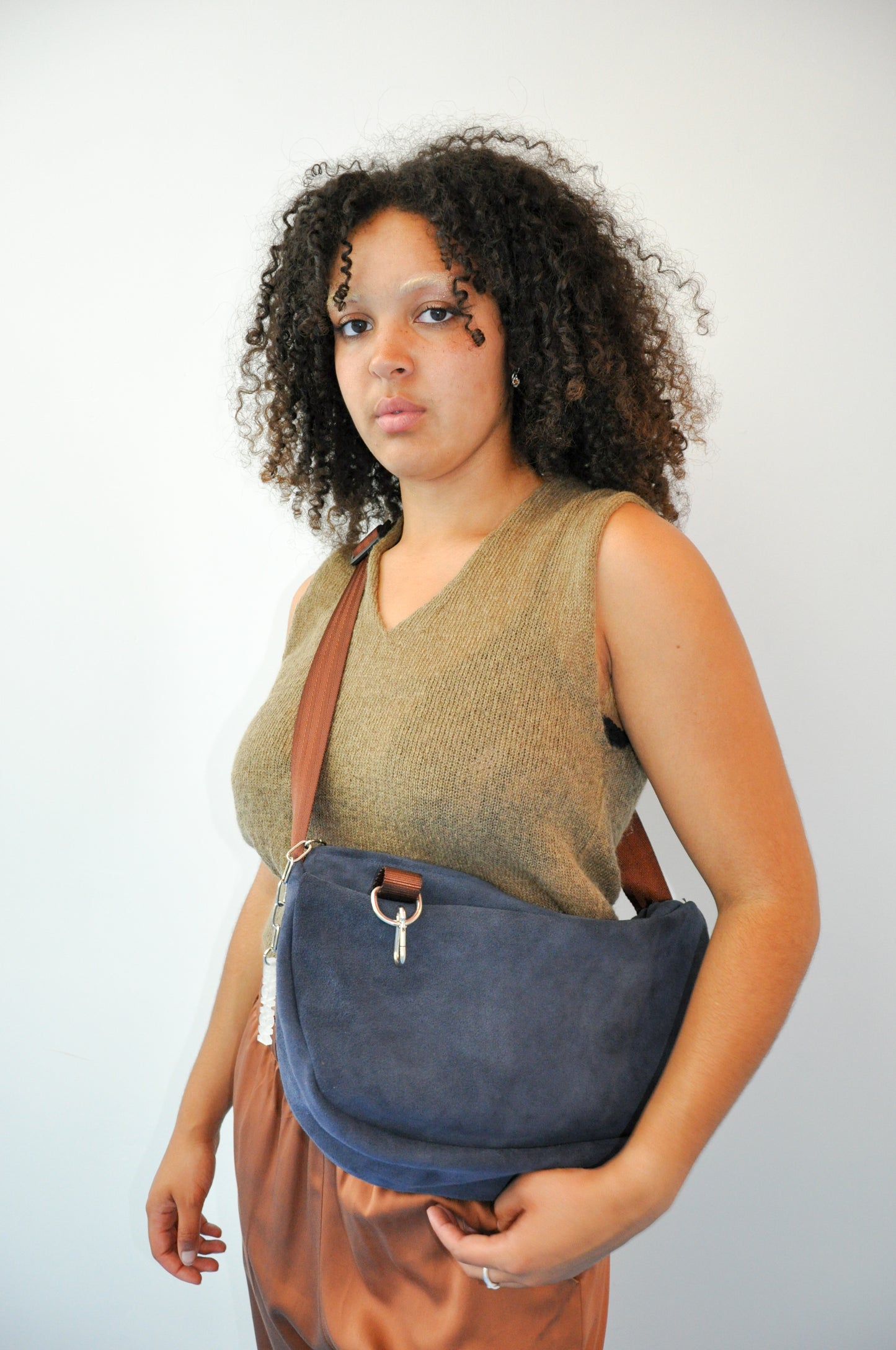 Suede Crossbody Slouch Bag in Navy