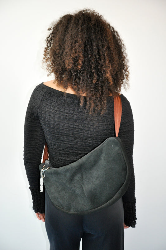 Suede Crossbody Slouch Bag in Black