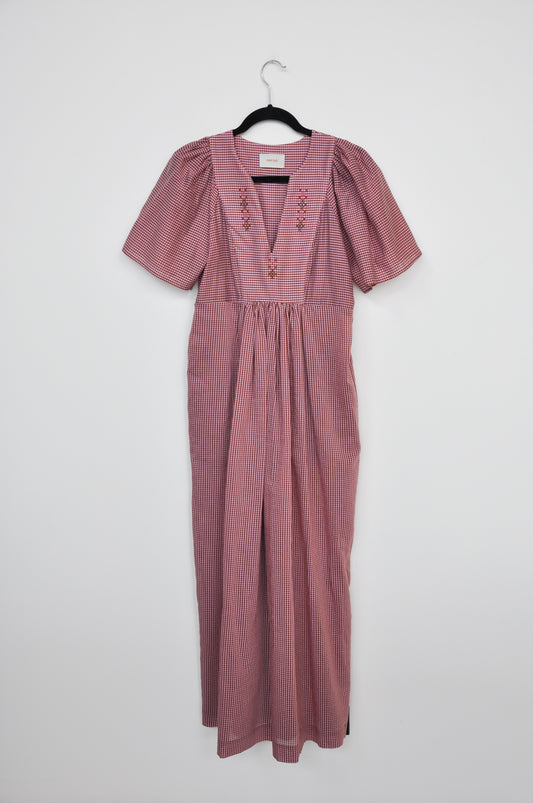 Penny Sage Cross Stitched Dress - Pink/Brown Gingham