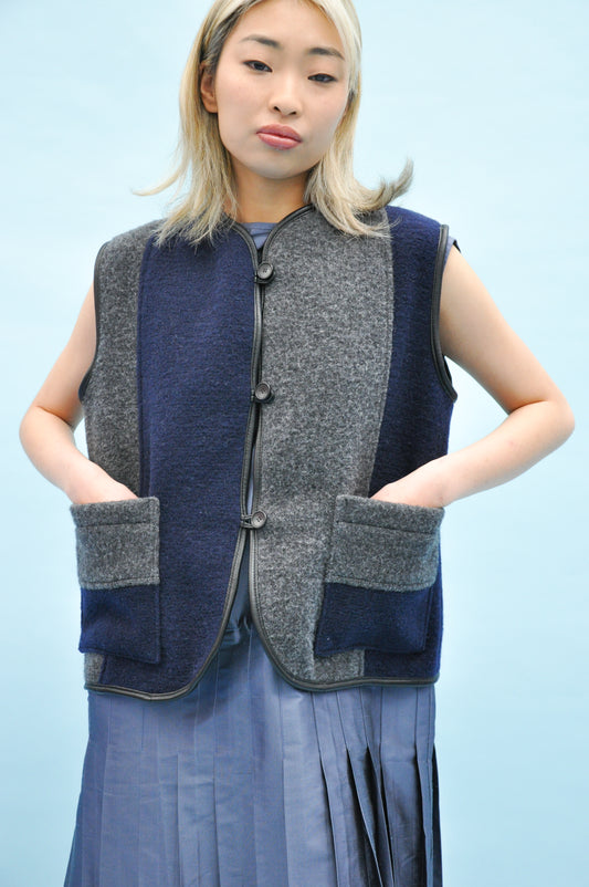 Ella Portuguese Boiled Wool Stripe Vest in Navy & Grey