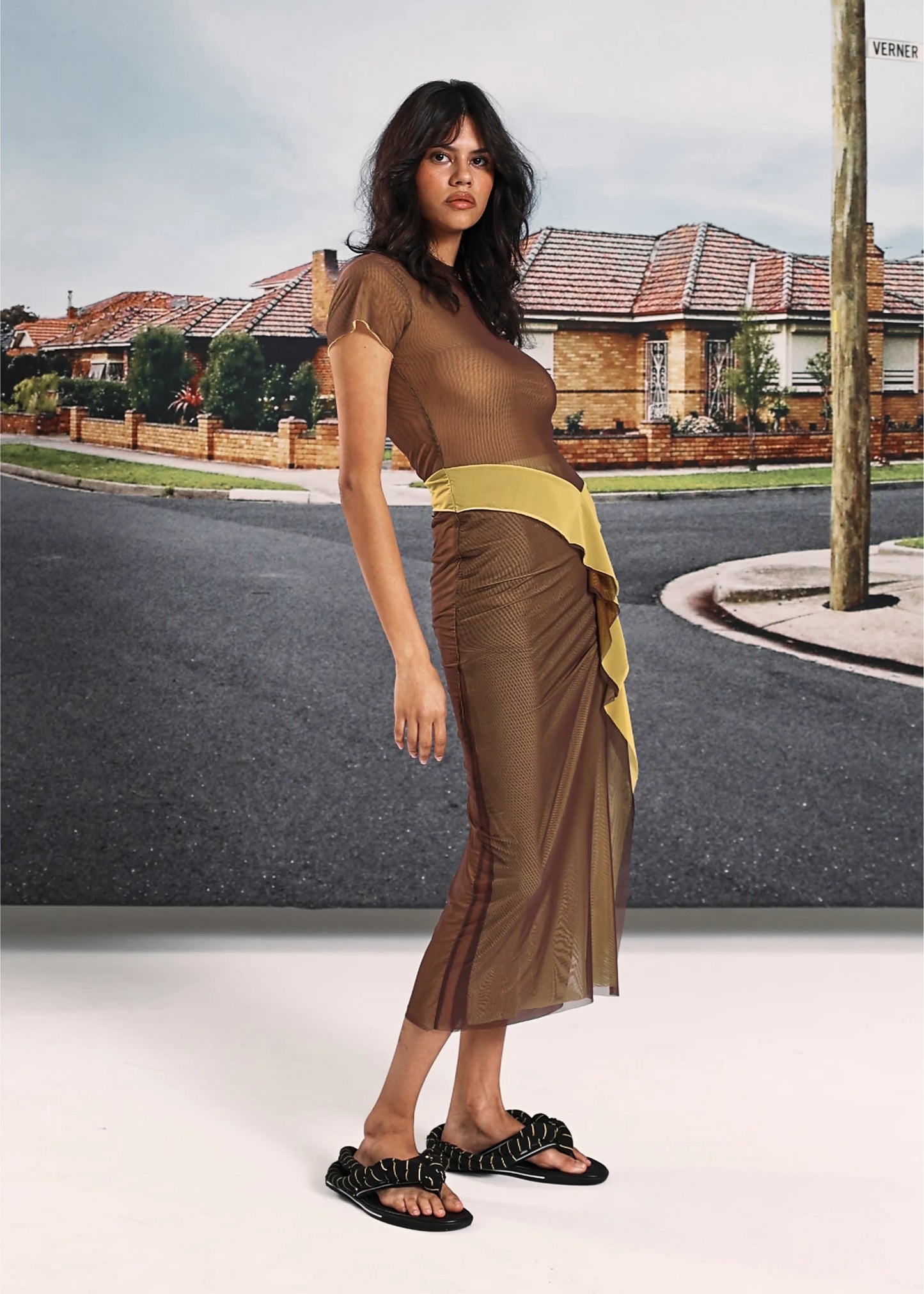 Double Layer Mesh Dress in Brown & Yellow