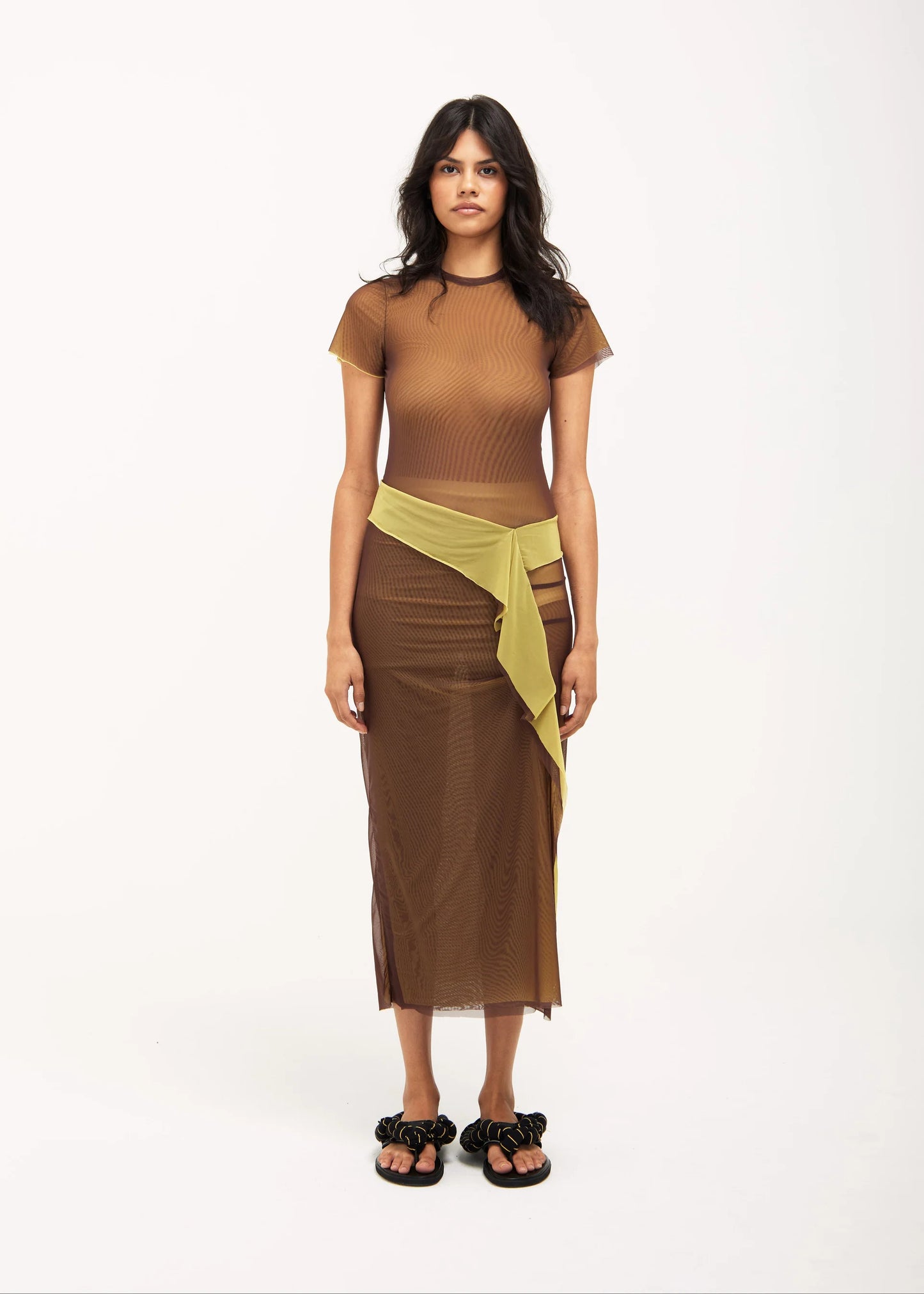 Double Layer Mesh Dress in Brown & Yellow