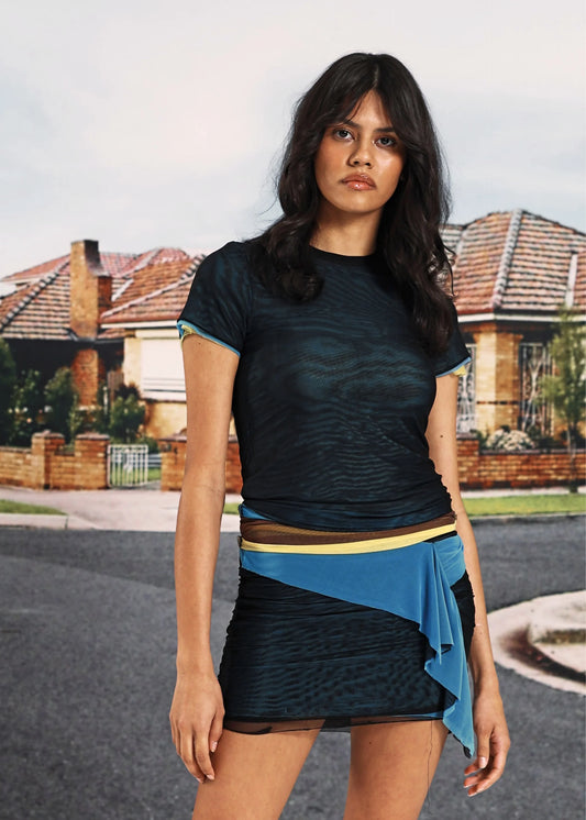 Mesh Tee in Black over Blue