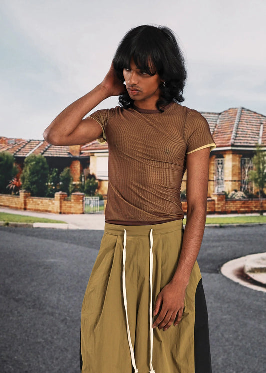 Mesh Tee in Brown over Yellow