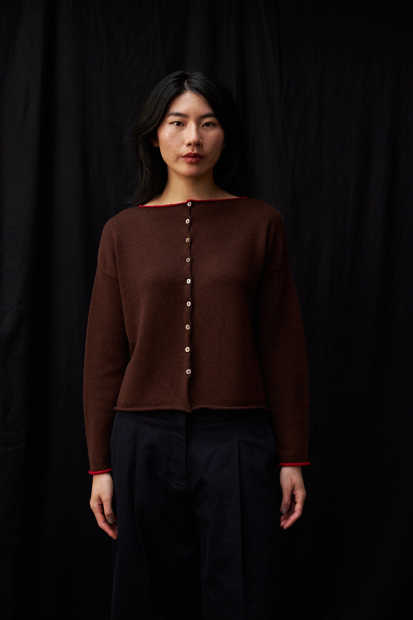 Doll's Trimmed Reversible Cardigan in Chestnut & Cherry Trim