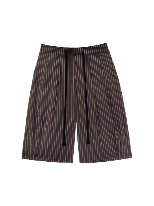 Pinstripe Pleat Shorts in Brown & White