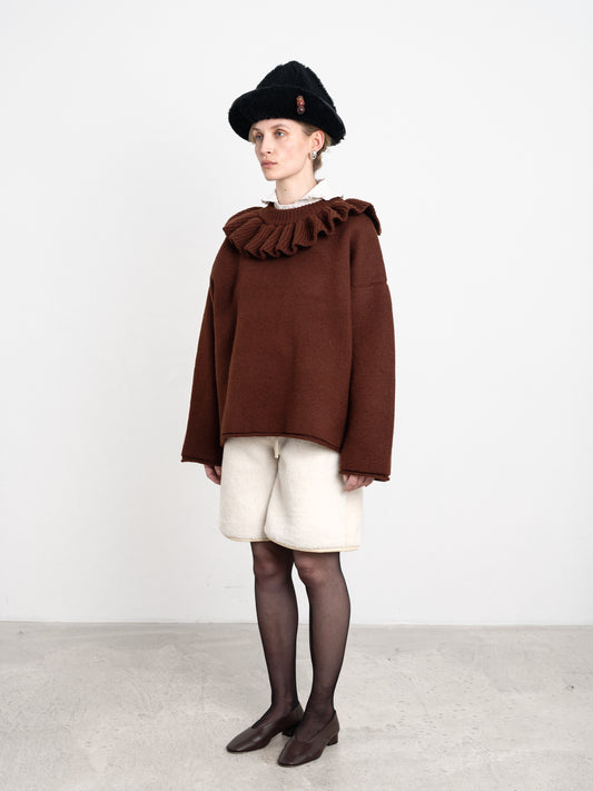 British Merino Wool Ruffle Jumper in Bordeaux