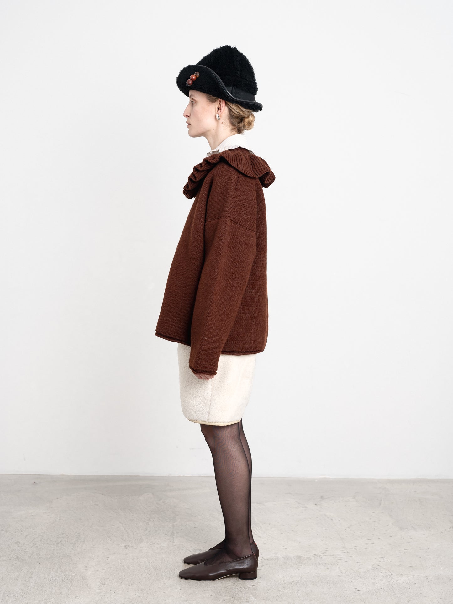 British Merino Wool Ruffle Jumper in Bordeaux
