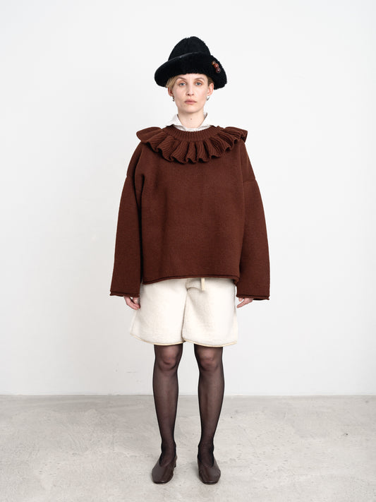 British Merino Wool Ruffle Jumper in Bordeaux