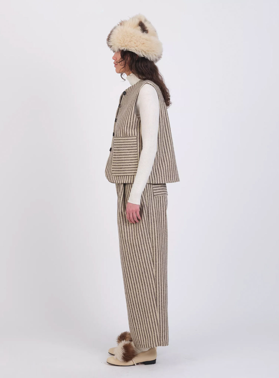 Portuguese Striped Wool Imogen Vest in Ecru & Brown