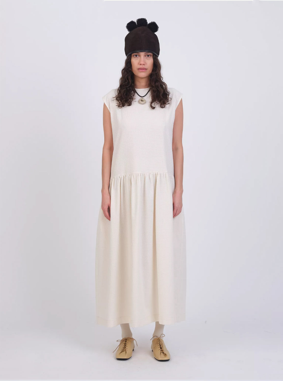 Japanese Waffle Cotton Isabella Dress in Ecru