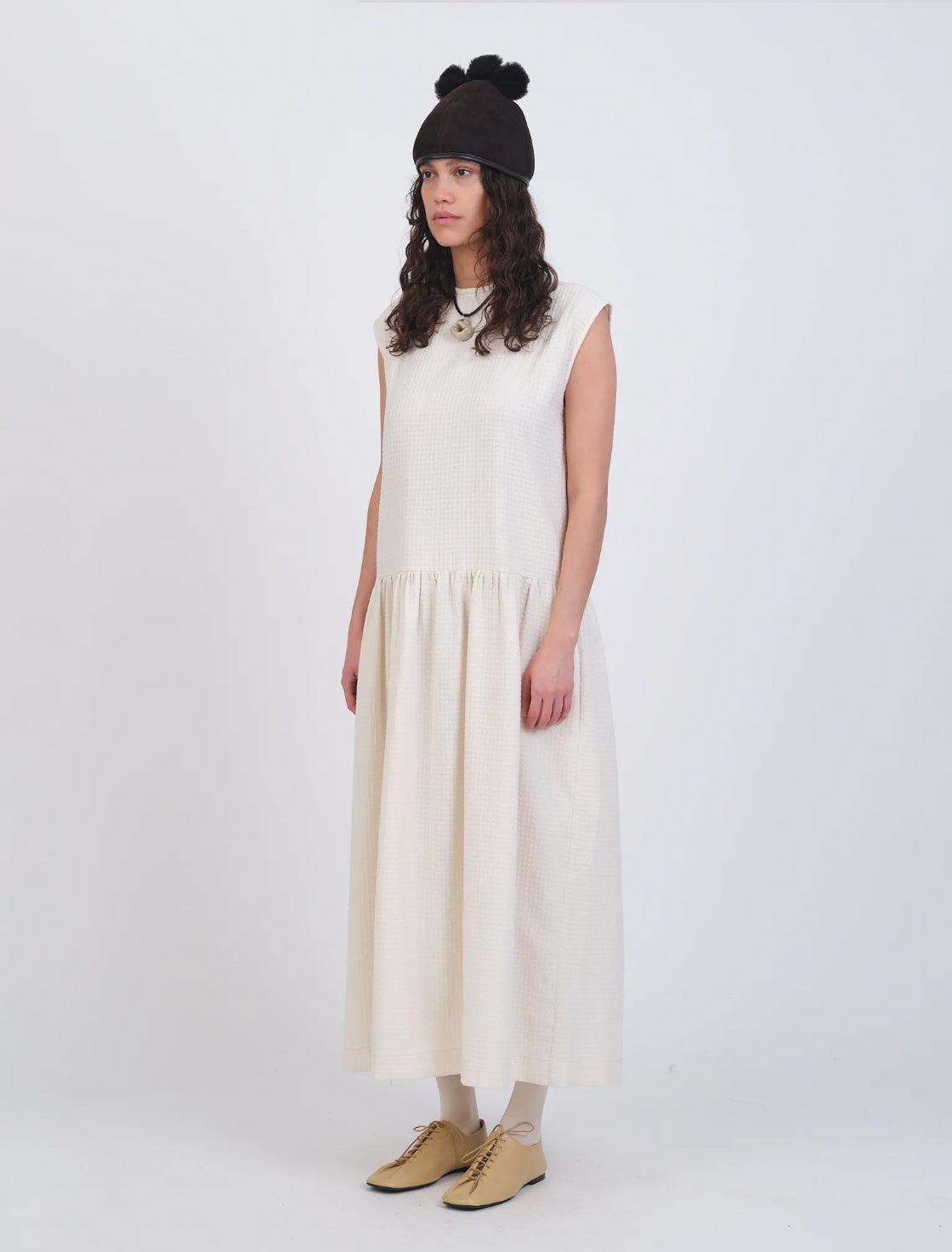 Japanese Waffle Cotton Isabella Dress in Ecru