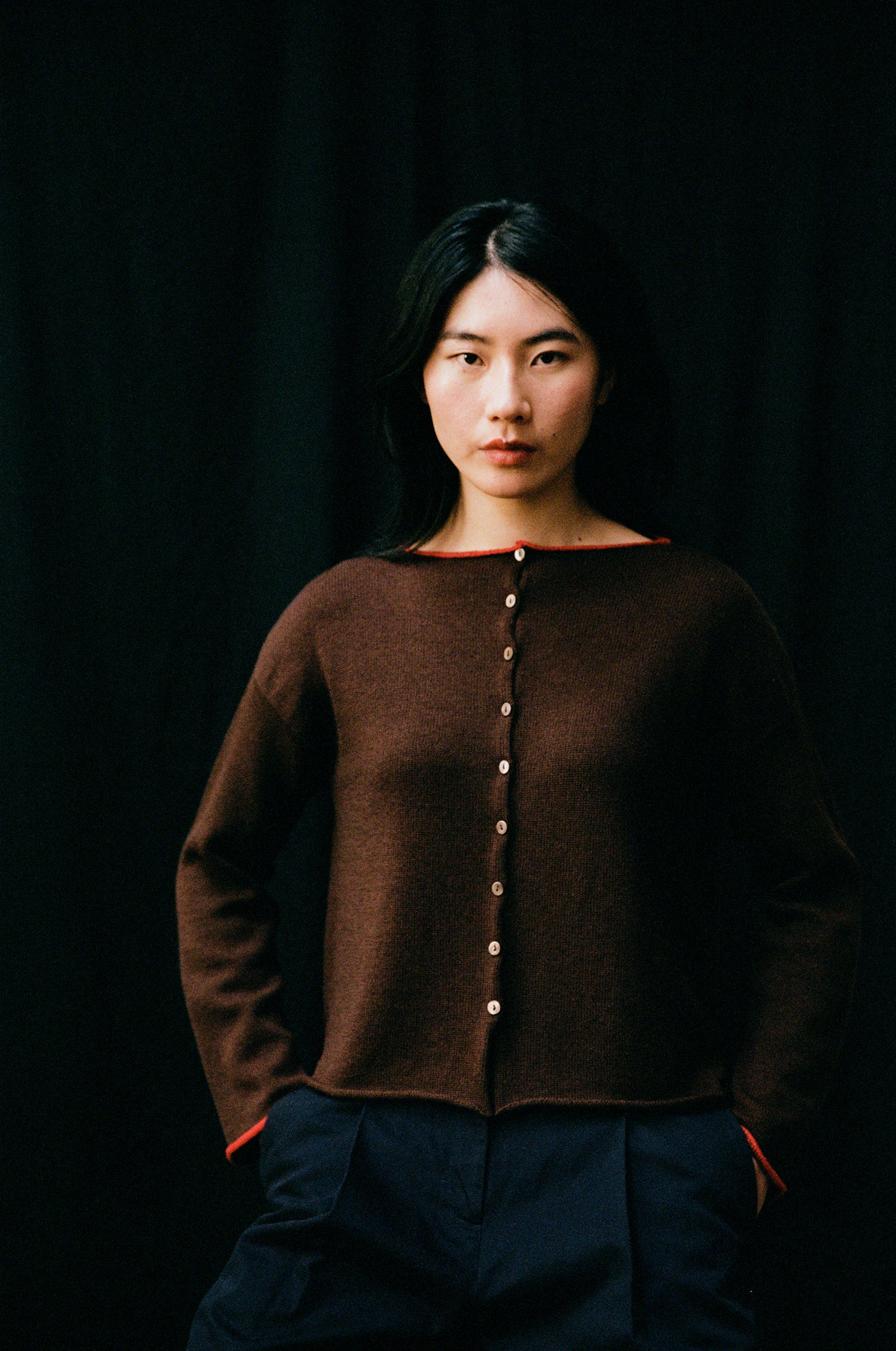 Doll's Trimmed Reversible Cardigan in Chestnut & Cherry Trim